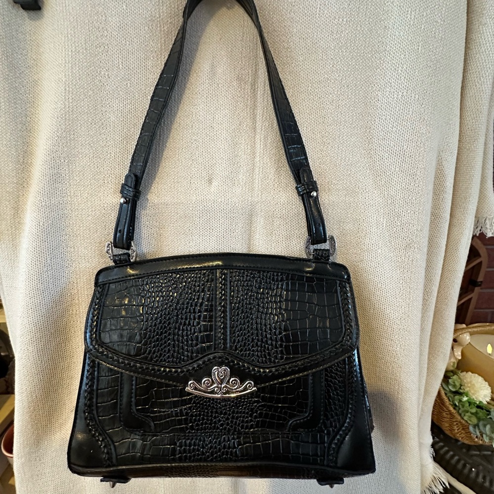 Brighton Black Croc-Embossed Shoulder Bag